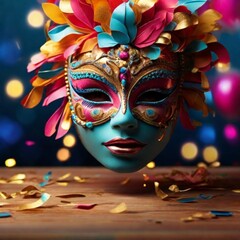 A colorful explosion of confetti and vibrant Carnival masks, illuminated by the bright lights of the festival.