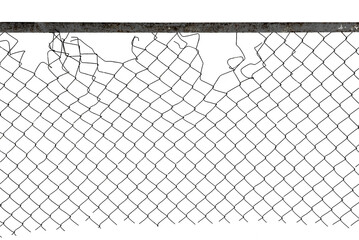 The texture of the metal mesh. Torn, destroyed, broken metal mesh on a white background