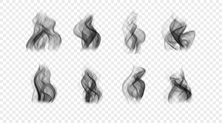 Set of vector icons. Black incense smoke. Wavy realistic fog isolated on transparent backdrop