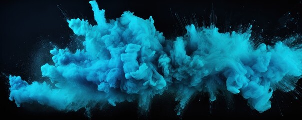 Explosion of turquoise blue colored powder on black background - obrazy, fototapety, plakaty