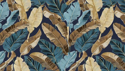 tropical exotic seamless pattern with dark blue and brown vintage banana leaves palm and colocasia...