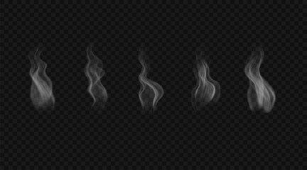 Set of vector realistic white incense smoke. Wavy, fluid steam isolated on transparent background