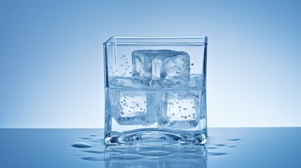  a glass of water with ice cubes on a blue surface with water splashing on the bottom of the glass.