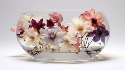  a glass bowl filled with lots of flowers on top of a white table next to a glass vase filled with pink, purple and white flowers.