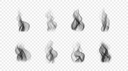 Set of realistic cigarette smoke. Vector design elements. Black wavy incense fog isolated on transparent background
