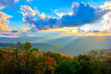 Sun setting behind the valleys on West Virginia Scenic Highway  on nice evening