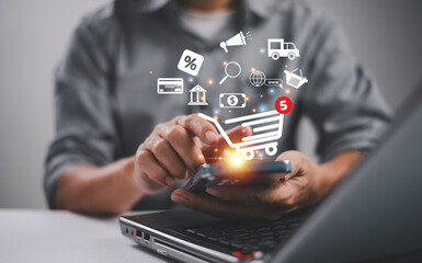 Entrepreneur or customer use smartphone, laptop with shopping cart business icon buy product...