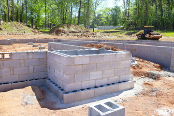 Foundation of house on construction site is constructed cement blocks that will support wall