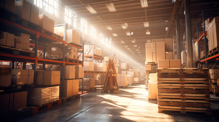 Retail warehouse full of shelves with goods in boxes. Complete with logistics and pallet transport. Distribution center.