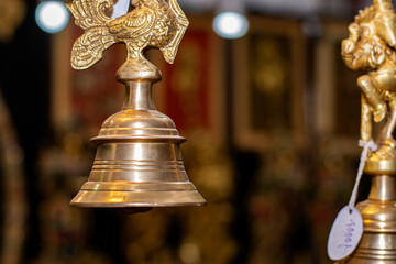 Beautiful brass hand bell for Puja, works of handicraft, for sale during International Trade Fair...