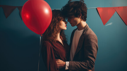 Romantic Couple with Red Balloon and Pennants. image created with AI.