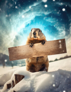 Cute marmot holds a wood board with copy space for the Groundhog day advertising. Funny woodchuck forecaster with a wooden banner predicts the weather for the cold winter and spring seasons