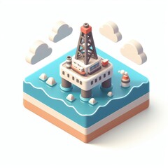 Oil rig in the sea 3D minimalist cute isometric icon on a white background