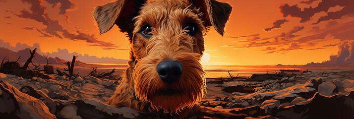 Closeup of brown airedale terrier dog illustration on a sunset sky background.Animal wide web banner - obrazy, fototapety, plakaty