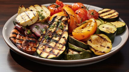  a close up of a plate of food with grilled veggies and other foods on a wooden table.