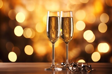 two glasses of champagne on christmas background