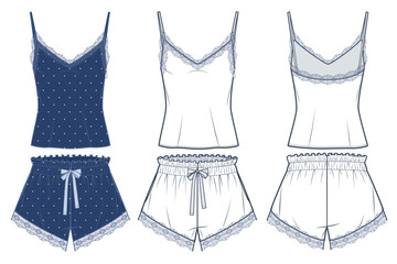 Women's Pajamas Set technical fashion illustration, polka-dot design. Top and Shorts fashion flat technical drawing template, drawstring, lace trim, front, back view, white, blue, women CAD mockup.