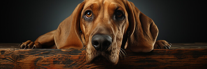 Closeup of brown bloodhound dog on a black background.Animal wide web banner - obrazy, fototapety, plakaty