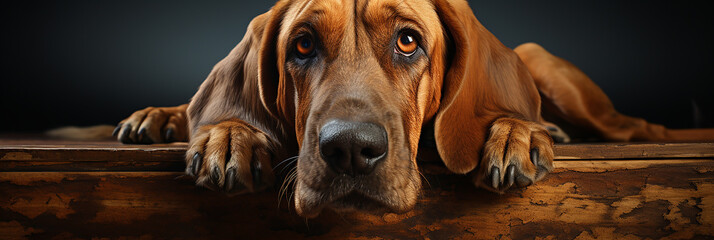 Closeup of brown bloodhound dog on a black background.Animal wide web banner - obrazy, fototapety, plakaty