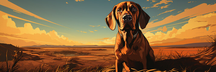 Closeup of brown bloodhound dog illustration on a desert and sky background.Animal wide web banner - obrazy, fototapety, plakaty