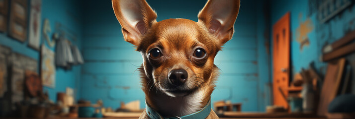 Closeup of brown chihuahua dog on a blue blurred warehouse background.Animal wide web banner - obrazy, fototapety, plakaty