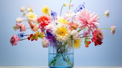  a glass vase filled with colorful flowers on top of a wooden table with a blue wall in the back ground.
