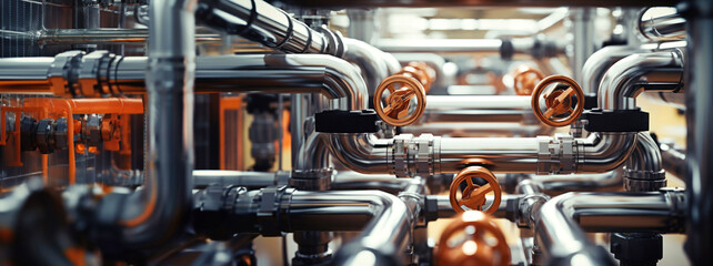 Pipeline and pipe rack of an oil, chemical, hydrogen or ammonia industrial plant. Distribution of liquid along the main pipeline. Close-up. - obrazy, fototapety, plakaty