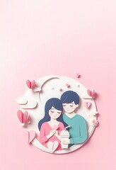 Cute couple, Valentine's Day and wedding, paper art, paper cut generative ai illustration art