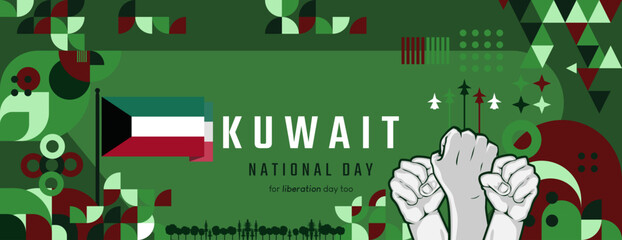 Kuwait National day banner in colorful modern geometric style. National Independence Day greeting card cover with typography. Vector illustration for liberation party