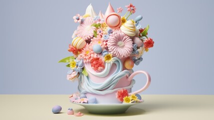  a cup filled with lots of colorful flowers on top of a table next to a cup filled with candies.
