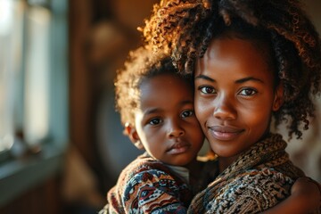   Portrait of happy pretty young African woman mother , holding her cute little daughter