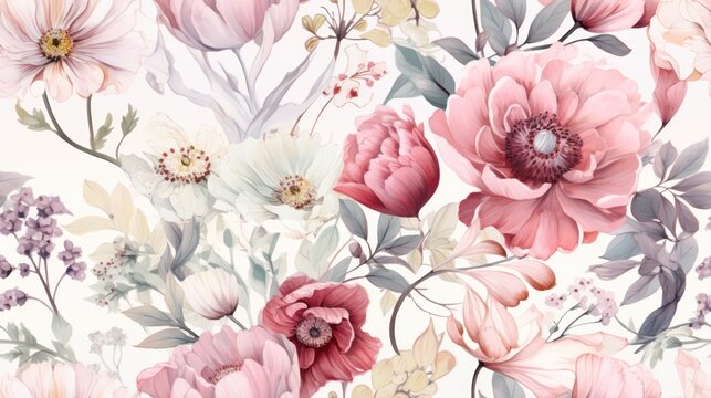  a floral wallpaper with pink and white flowers on a light pink background with green leaves and flowers on a light pink background.