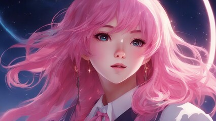 portrait of a girl 16 anime   A large and square pink haired anime schoolgirl that moves fast 