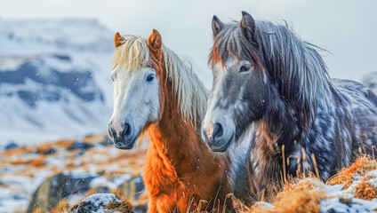 Fototapeta premium Icelandic wild horses in herd in the mountains of Iceland in autumn, Animals concept, generative ai