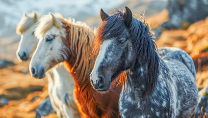 Obraz premium Icelandic wild horses in herd in the mountains of Iceland in autumn, Animals concept, generative ai