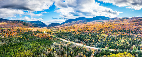 Aerial panorama US route 302 leading to Crawford Notch State park between Mount Webster and...