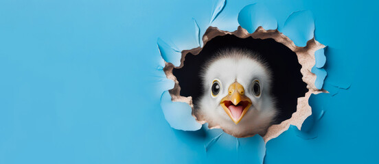 A surprised chick peeks out on a blue background. Banner, copy space