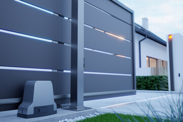 Automatic Sliding Gate and house, 3D illustration