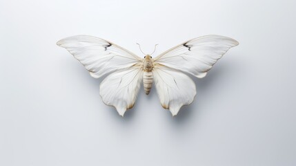 Fototapeta na wymiar a close up of a white butterfly on a white background with a black spot on the back of it's wings.