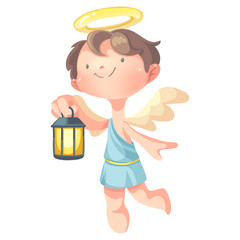 Angel holds a lantern and smiles. Vector Illustration
