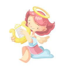 Angel girl plays the harp. Vector graphic