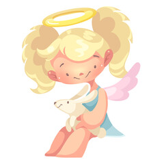 An angel girl sits on a cloud with a rabbit. Vector illustration