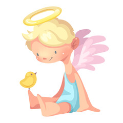 Little angel is sitting and looking at a bird. Vector illustrat