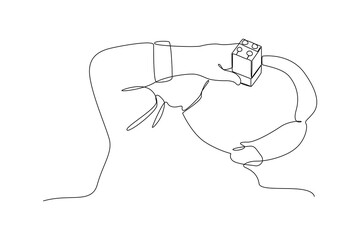 young man pose for take a photo with his toy. Children game concept. Vector continuous line.