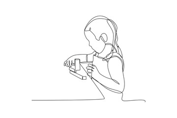 Little girl playing toy blocks. Children game concept. Vector continuous line.