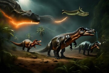 Transport yourself to a bygone era with a super realistic stock illustration depicting the enigmatic event of Dinosaur Extinction.  - obrazy, fototapety, plakaty