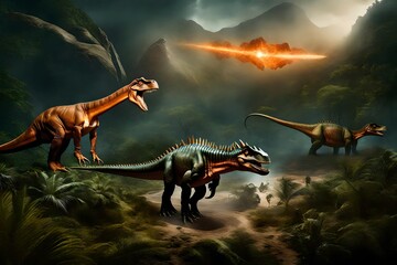 Transport yourself to a bygone era with a super realistic stock illustration depicting the enigmatic event of Dinosaur Extinction.  - obrazy, fototapety, plakaty
