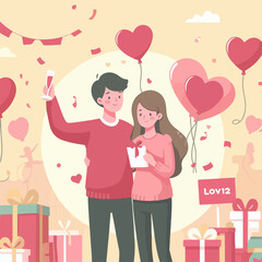 illustration of a couple celebrating Valentine's Day. Vector illustration for greeting card, banner, sticker, and invitation