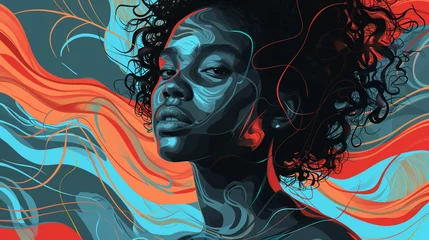 Poster Abstract illustration concept representing mental wellbeing mindfulness depression and anxiety, black african american woman illustration, mental illness illustration, psychic waves © Sophie