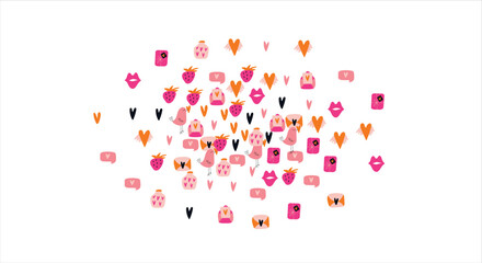 Bright frame background with Valentine's Day elements. Blank postcard, invitation to a holiday, wedding. Doodle. Vector illustration.